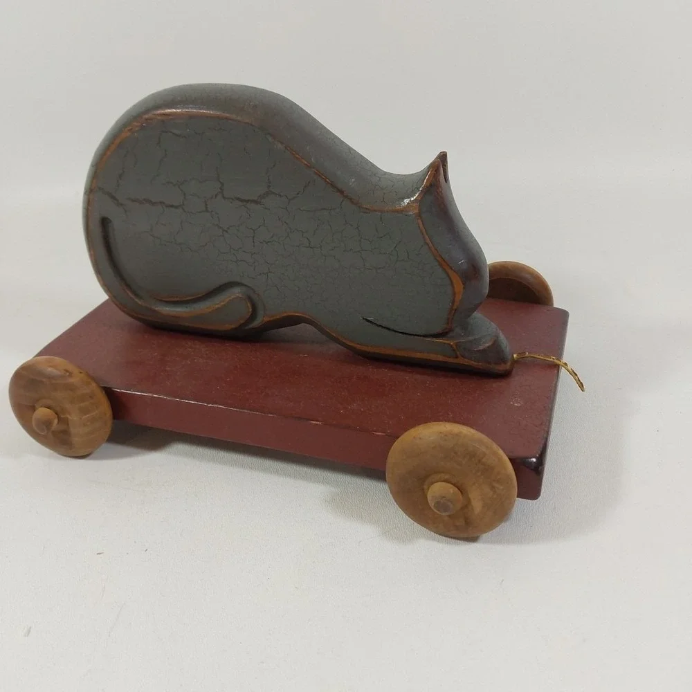 T.C. Barnyard Cat Painted Wood Leather Pull Folk Art Pull Toy Henn Workshop 1993